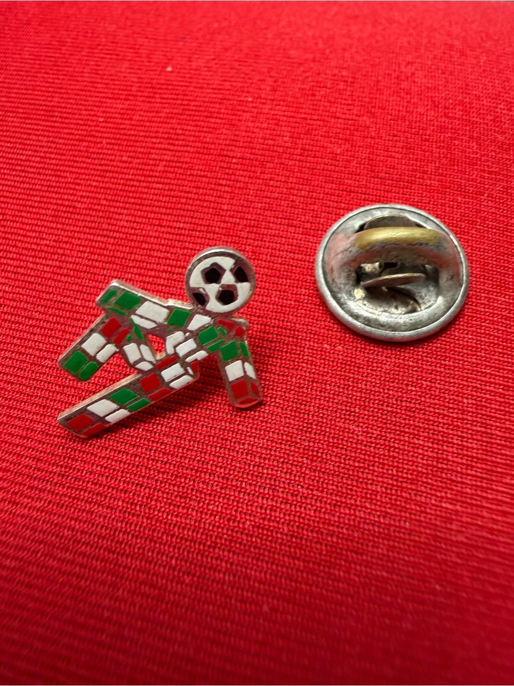 #OMINO ,Silver & Enamel Soccer Player Pin in Red, Green & White 1982
